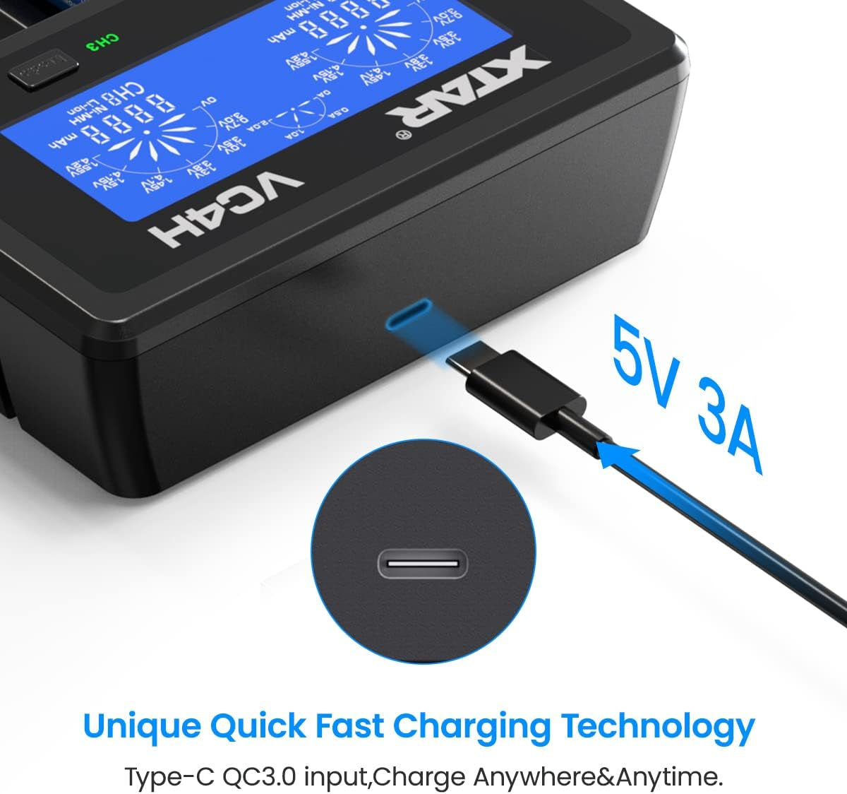 18650 Charger  VC4H Battery Charger 4 Bays Updated 21700 Battery Charger USB C Charger Not Including Batteries (VC4H Charger)